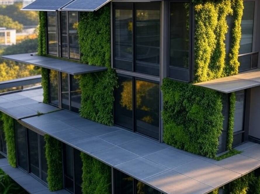 Edifício sustentável no Brasil com painéis solares e vegetação integrada, representando inovação em arquitetura ecológica.