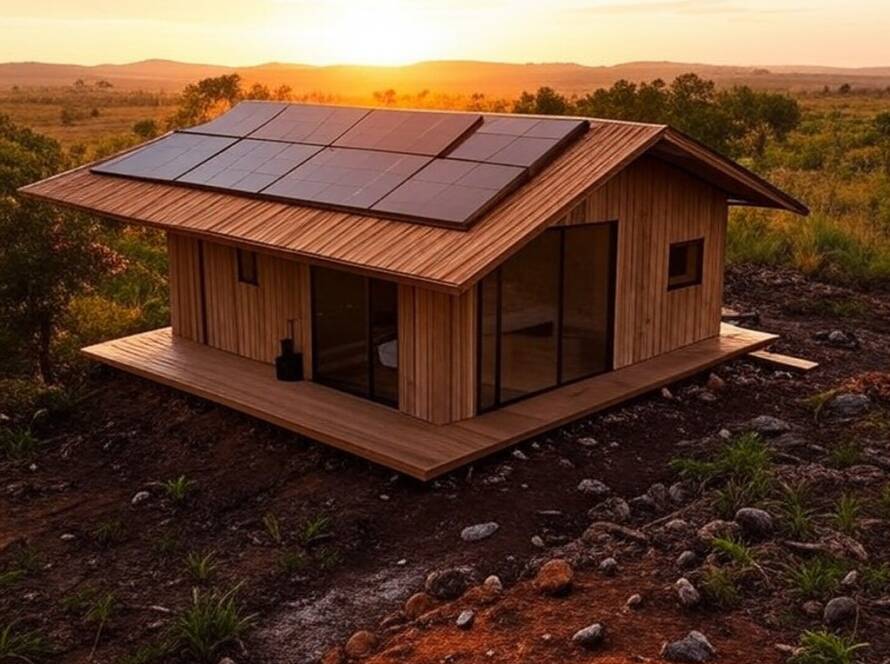 Residência off-grid sustentável no Cerrado brasileiro após incêndio, com painéis solares e arquitetura ecológica.