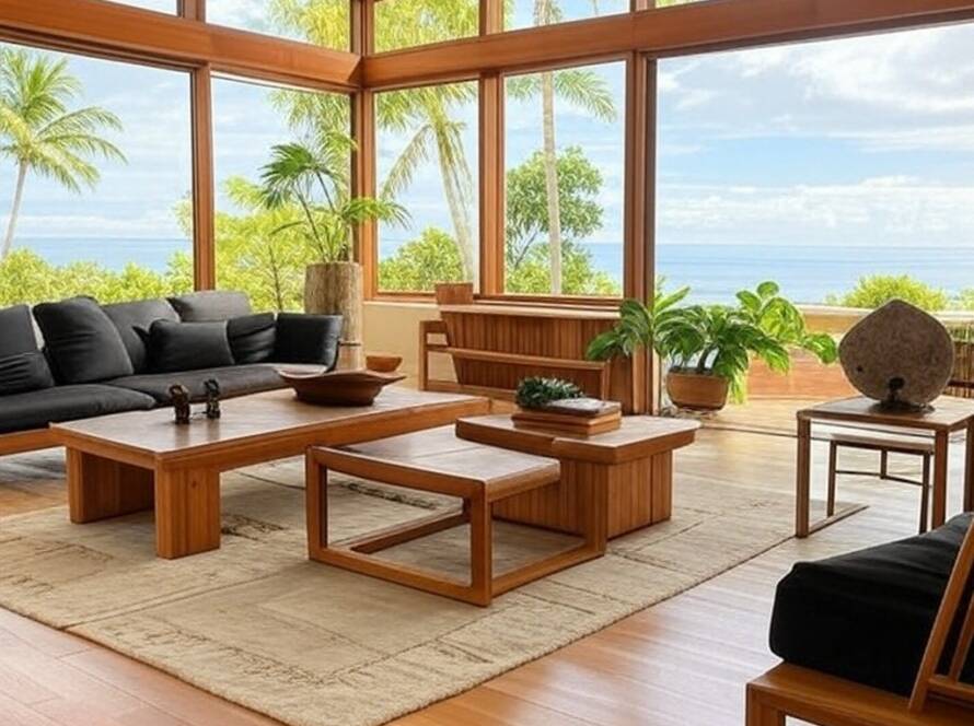 Interior de casa icônica à venda em ilha brasileira, com decoração moderna e vista para o mar.