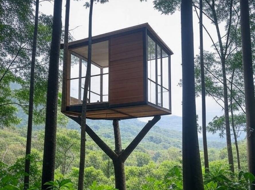 Casa na árvore minimalista em floresta brasileira, inspirada em design suíço de Olin Petzold.