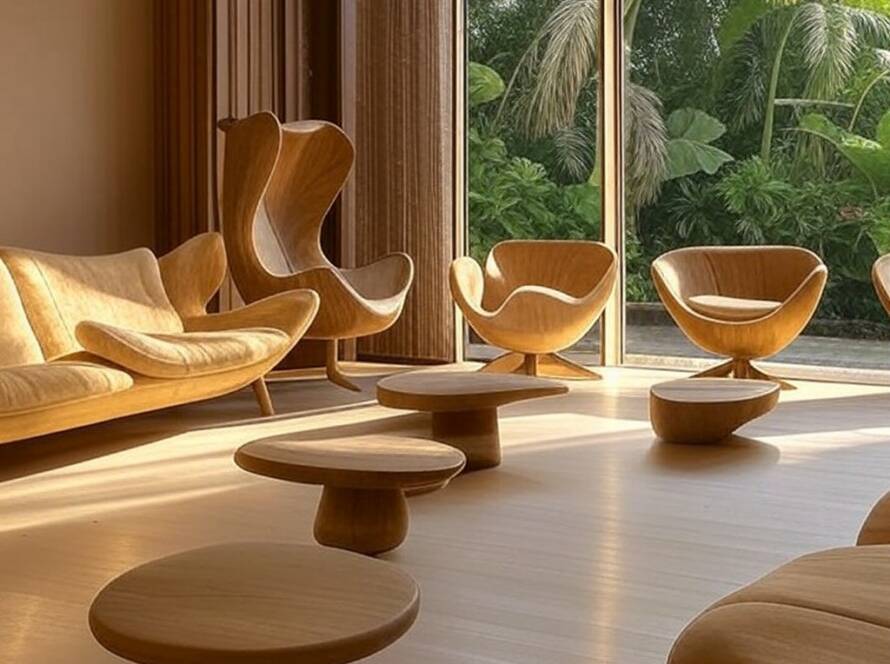 Sala de estar com móveis inspirados em padrões biológicos da coleção Living Series de Vincent Decat, em ambiente brasileiro moderno.