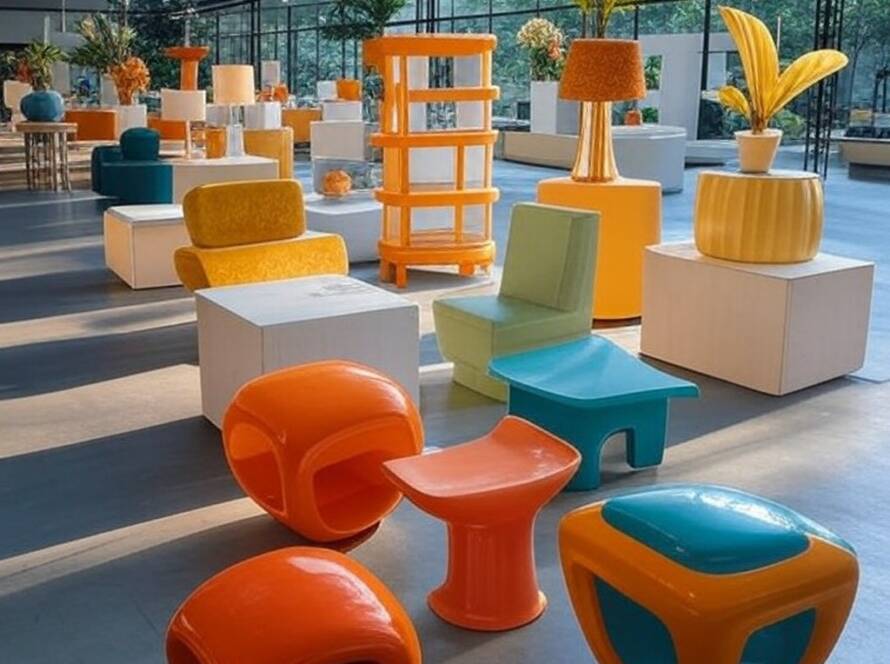 Feira de design moderno no Brasil com estandes de móveis e decoração para guia de eventos 2026.