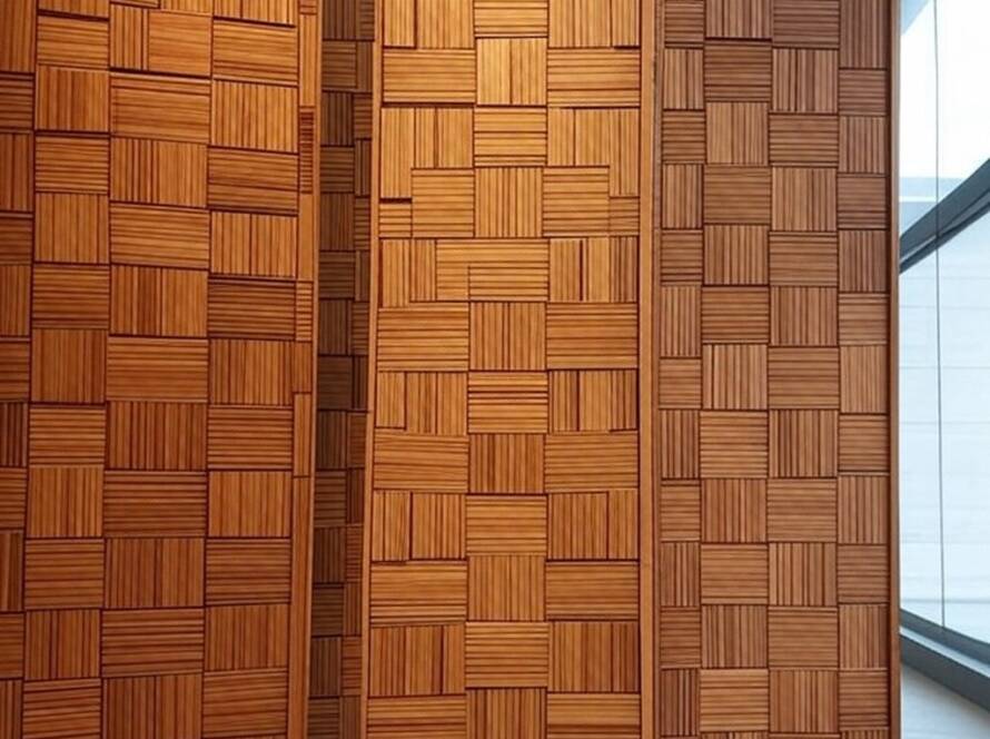 Painéis de madeira com motivos ancestrais do Reino Kuba no The Lost Cloth Project, em galeria brasileira.