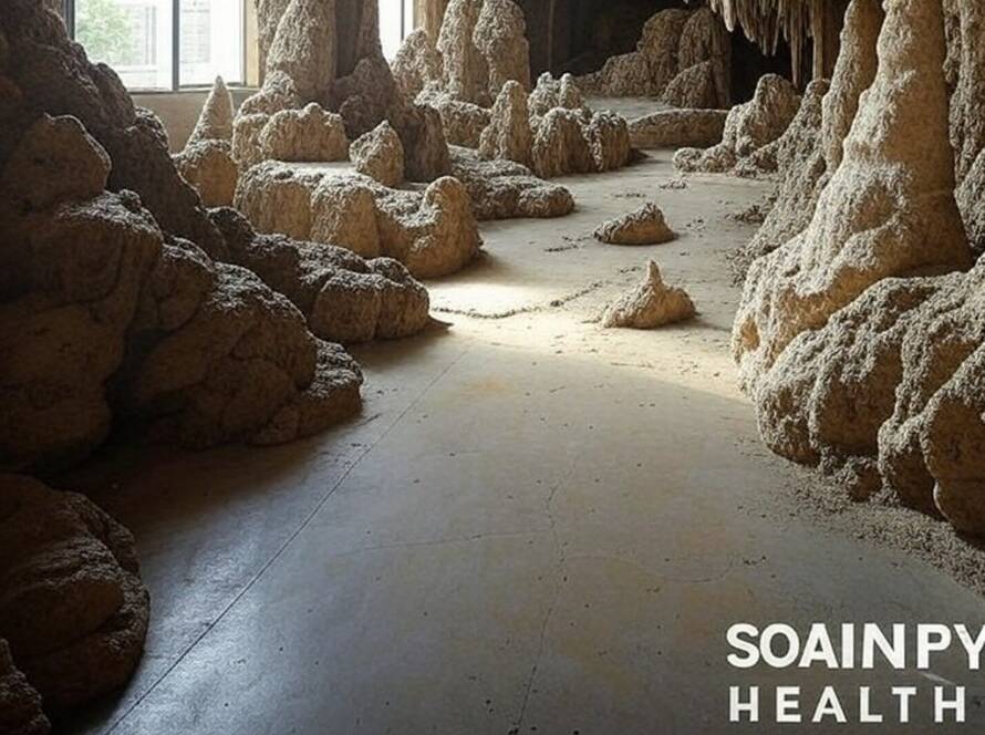 Instalação artística Space II transformando residência em caverna geológica no Brasil, estilo fotojornalístico.