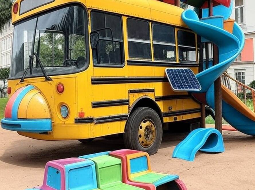 Ônibus antigo transformado em playground infantil sustentável em parque urbano no Rio de Janeiro, com elementos reciclados e ecológicos.