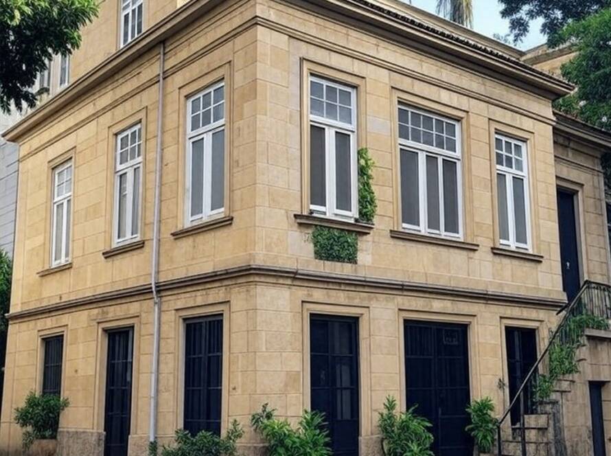 Casa histórica expandida de forma sustentável em bairro antigo no Rio de Janeiro, com elementos ecológicos e arquitetura colonial.