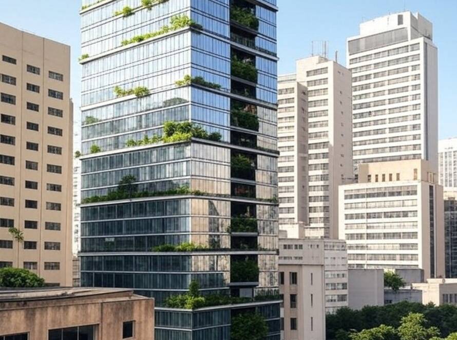 Torres sustentáveis transformando a skyline urbana em São Paulo, com elementos ecológicos e arquitetura moderna.