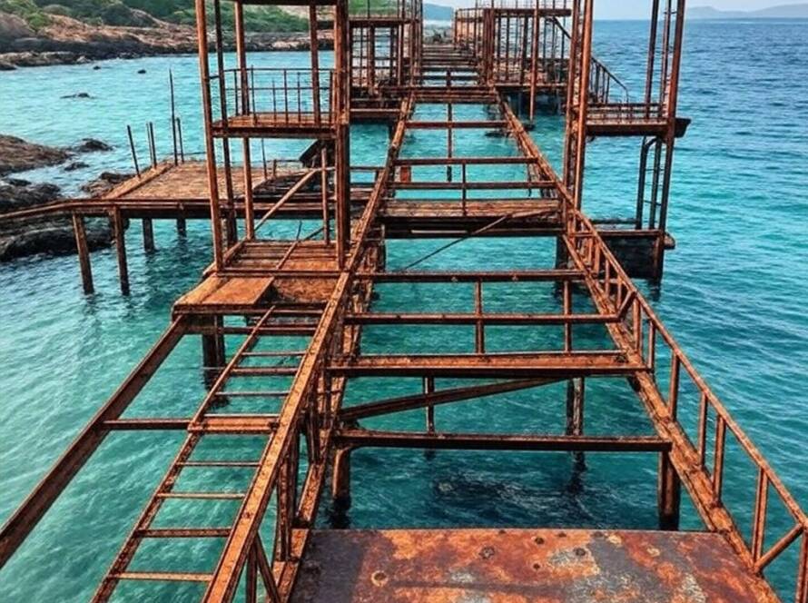 Píer desativado transformado em resort de mergulho na Ilha Dongshan, China, com estruturas costeiras e mar ao fundo.