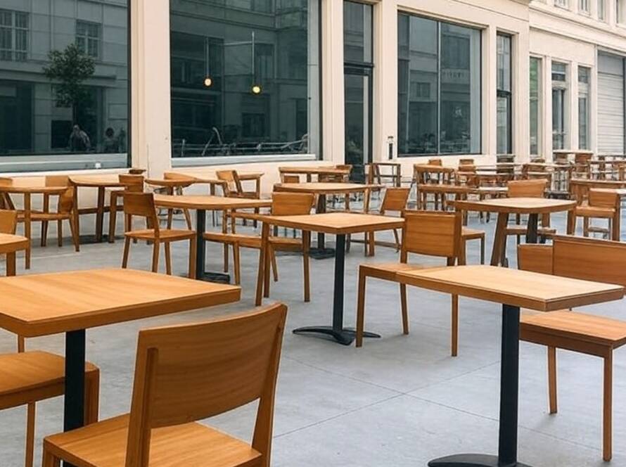 Café moderno renovado em rua de São Paulo, com arquitetura contemporânea e elementos históricos.