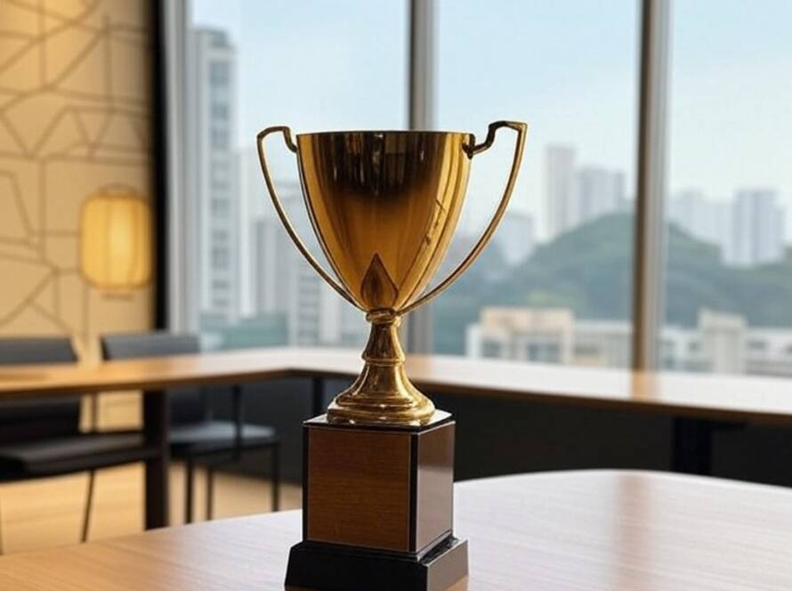 Troféu de design moderno representando liderança da China no World Design Rankings 2025, ambientado em sala brasileira.