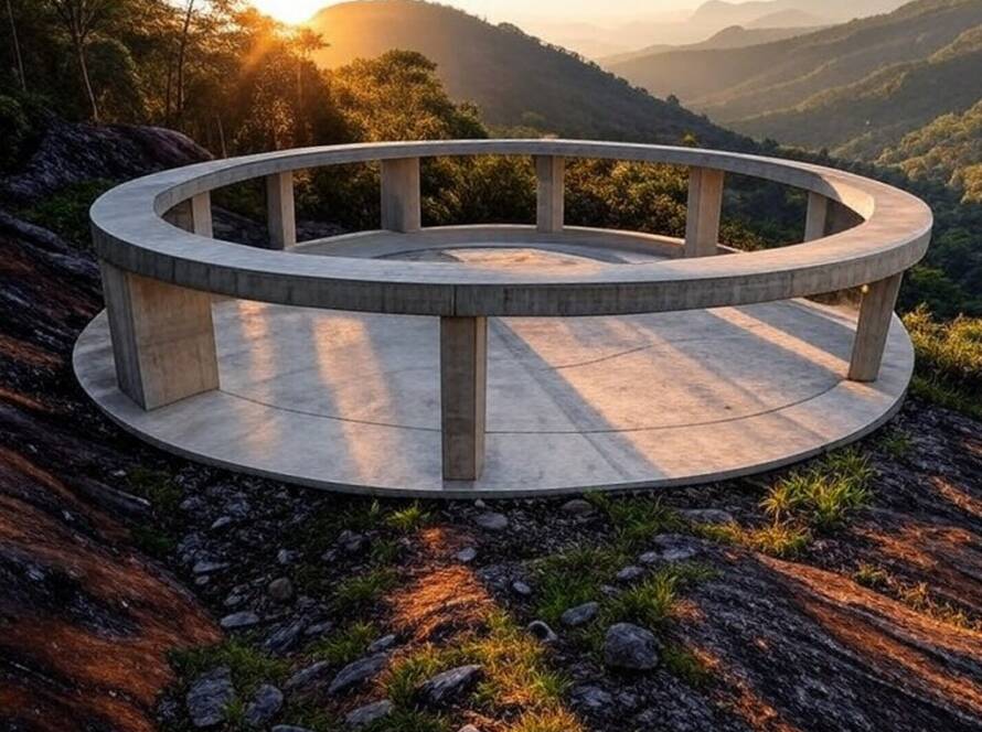 Pavilhão Resting Loop de concreto para ciclistas com vistas no Monte Luofu, adaptado à paisagem brasileira.