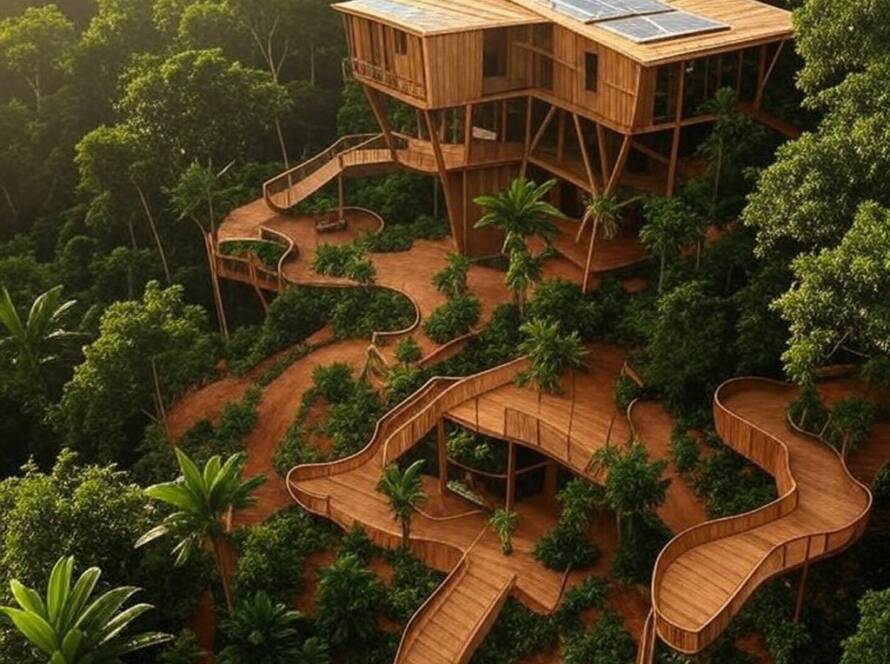 Retiro ecológico inovador na Amazônia brasileira com estruturas sustentáveis e hortas orgânicas.