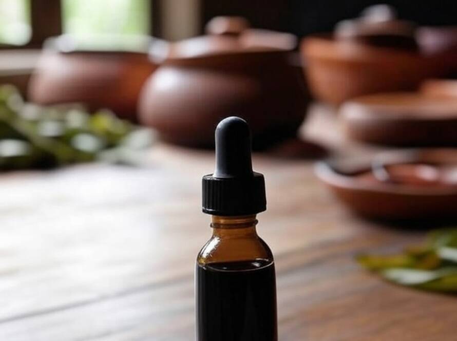 Conta-gotas biodegradável de molho de soja sem plástico, em cozinha brasileira rústica com elementos típicos.