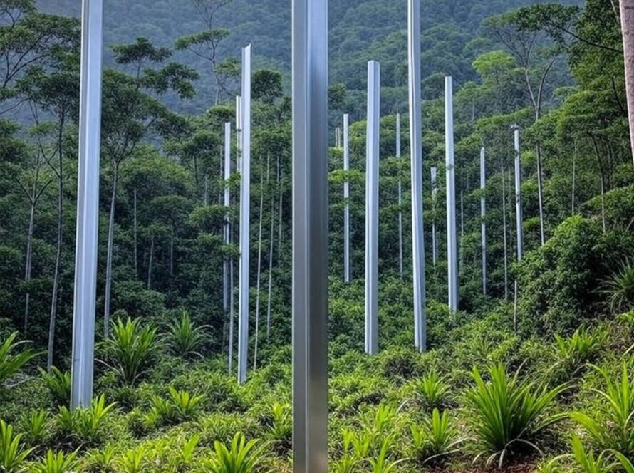 Instalação de arte sustentável 'Forest of Steel Pillars' em Yunnan, com pilares de aço balançando ao vento em paisagem florestal.