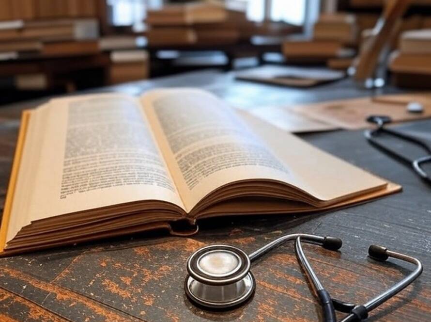 Livro aberto sobre artes como pilar da saúde em biblioteca brasileira, com elementos artísticos e símbolos médicos.