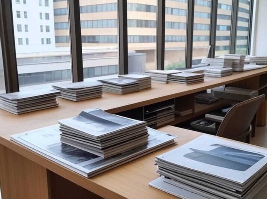 Mesa com revistas de design em estúdio brasileiro, representando aquisição e planos para o setor.