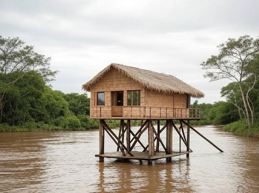 Cabine elevada à prova de inundações em rio no Pantanal brasileiro, com vegetação tropical e águas caudalosas.