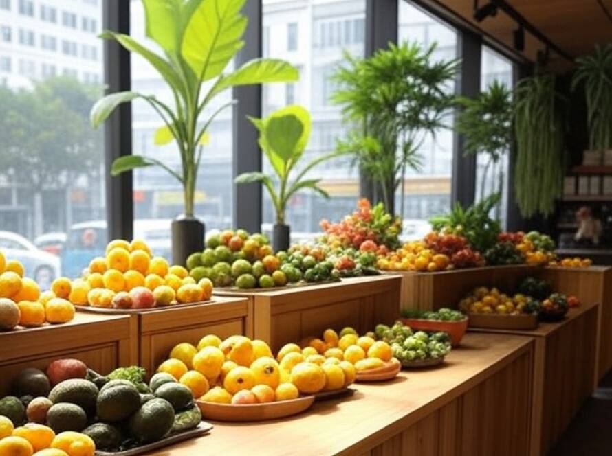 Espaço inovador de alimentação limpa em São Paulo, com balcões de frutas e vegetais orgânicos.