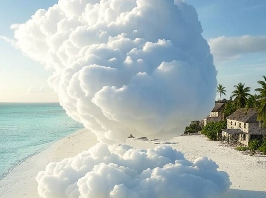 Instalação cinética Drifting Cloud de Vincent Leroy em praia de Zanzibar, com mar e palmeiras ao fundo.