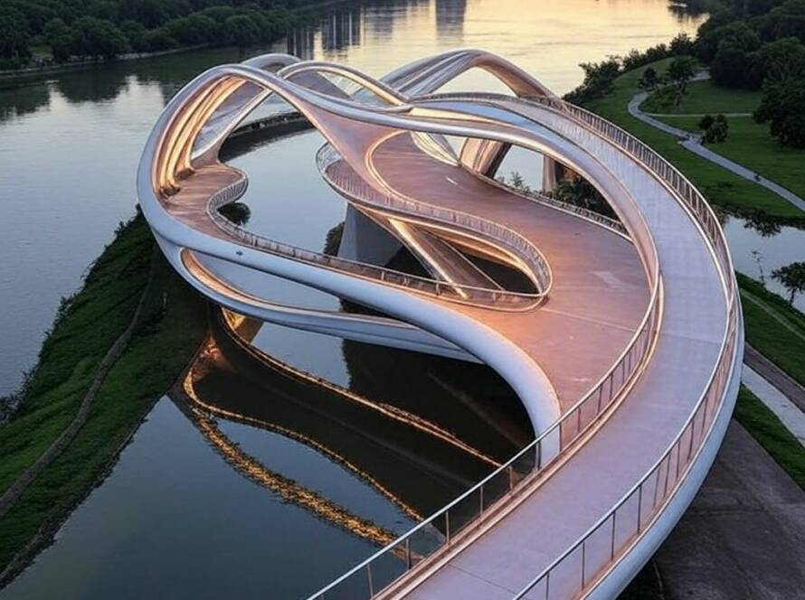 Ponte pedestre escultural sobre rio em cidade brasileira, representando projeto inovador.