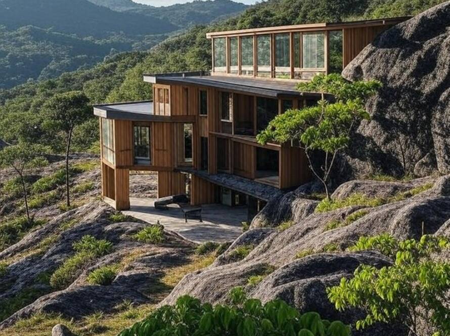 Residência Hill House integrada à encosta em região montanhosa brasileira, arquitetura sustentável e moderna.