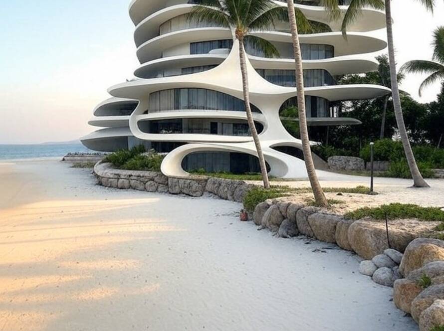 Hotel moderno com design inovador em praia brasileira, inspirado no The Standard de Pattaya.