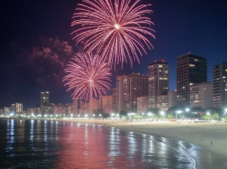 Vista noturna de fogos de artifício na virada do ano em Copacabana, Rio de Janeiro, representando aventuras e reflexões para 2025.