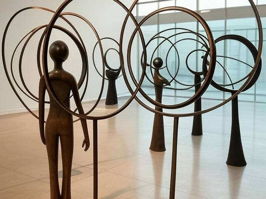 Esculturas abstratas da coleção Orbit em bronze exibidas em galeria de design moderna no Brasil.