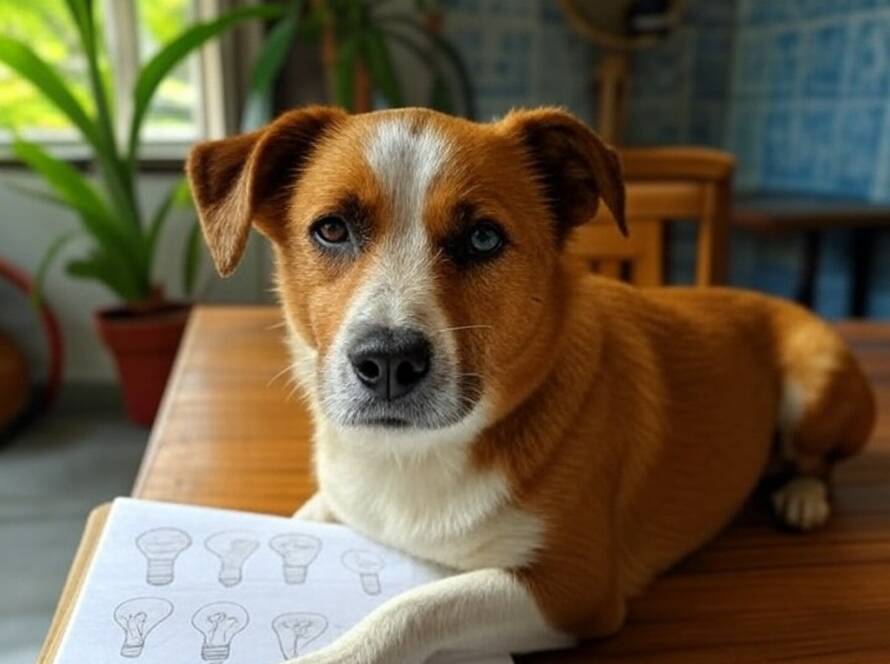 Cachorro vira-lata ao lado de caderno com esboços de lâmpadas em mesa de casa brasileira.