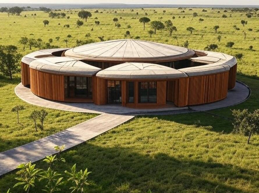 Estrutura moderna inspirada em yurts nômades em paisagem gramada do interior brasileiro, representando transformação arquitetônica.