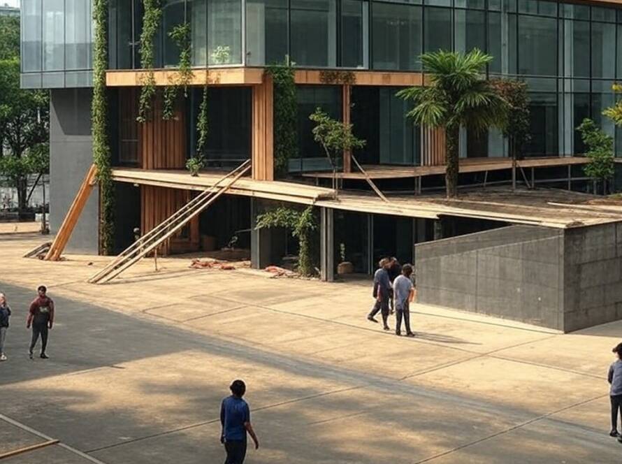 Renovação sustentável de museu no Brasil com painéis solares e materiais ecológicos.