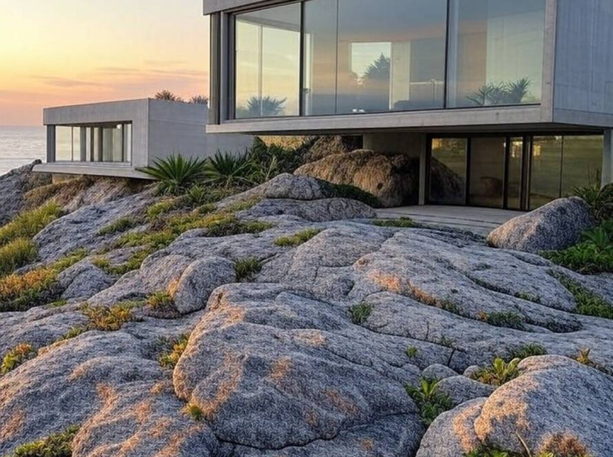 Casa moderna minimalista em falésias no litoral brasileiro, inspirada em Can Lis de Mallorca, destacando arquitetura de Je Ahn.