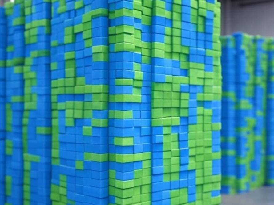 Blocos ecológicos Eco-C Cube de plásticos reciclados lançados pela WES-Tec Global na CES 2026, em ambiente de reciclagem no Brasil.