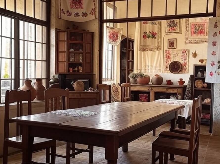 Imagem de interior de casa tradicional mexicana com objetos cotidianos representando narrativas femininas em jogo inovador.