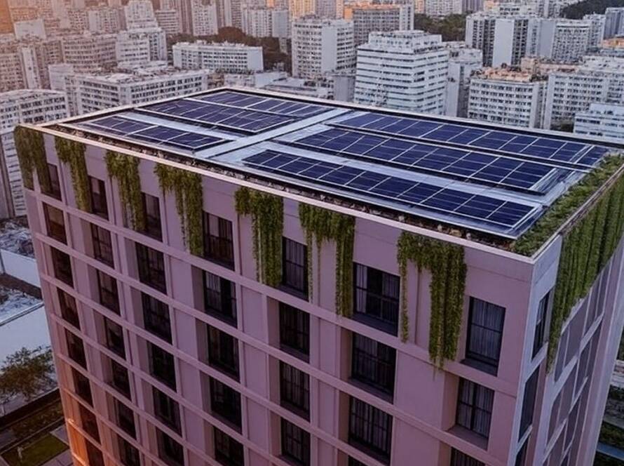 Hotel sustentável integrado ao skyline do Rio de Janeiro, com elementos ecológicos como painéis solares e vegetação.
