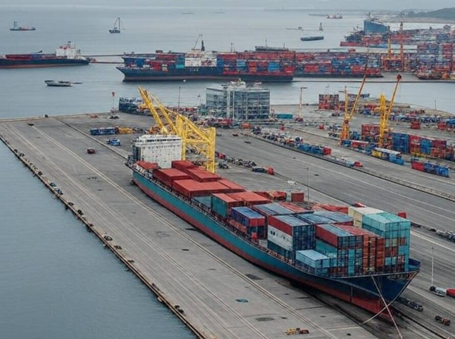 Proposta conceitual de museu no porto, com edifícios modernos e navios em paisagem portuária brasileira.