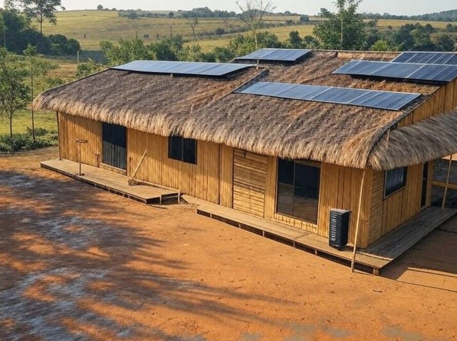 Residência sustentável no Brasil unindo tradição e inovação ecológica em paisagem rural.