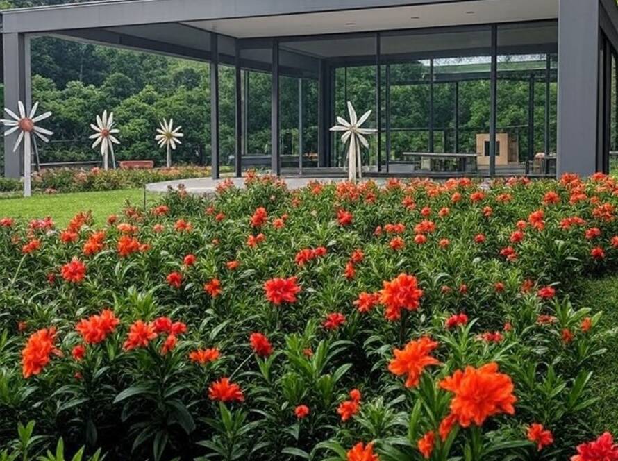 Pavilhão e jardim Don Quixote em museu de São Paulo, com moinhos de vento e vegetação tropical.