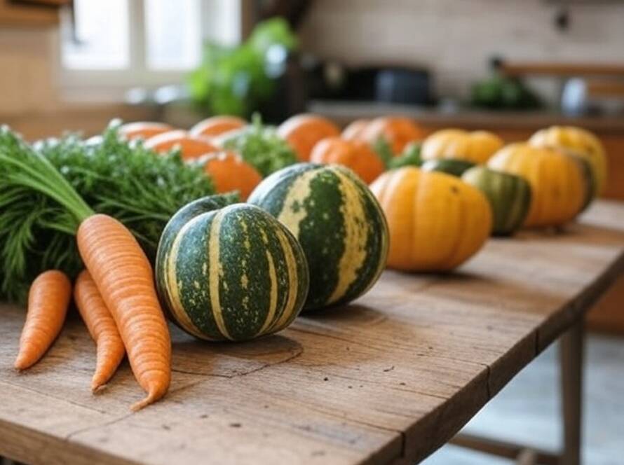 Esculturas efêmeras de vegetais no projeto Vitamins, arranjadas em mesa rústica brasileira.