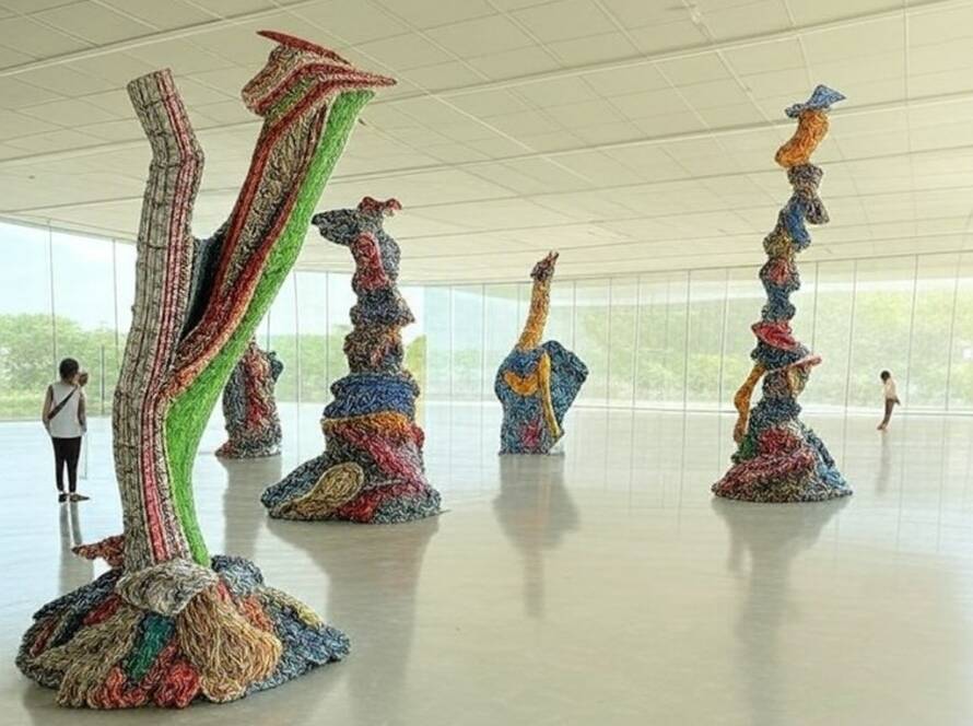 Instalação inovadora com materiais reciclados em feira de design no Brasil, estruturas abstratas e sustentáveis.