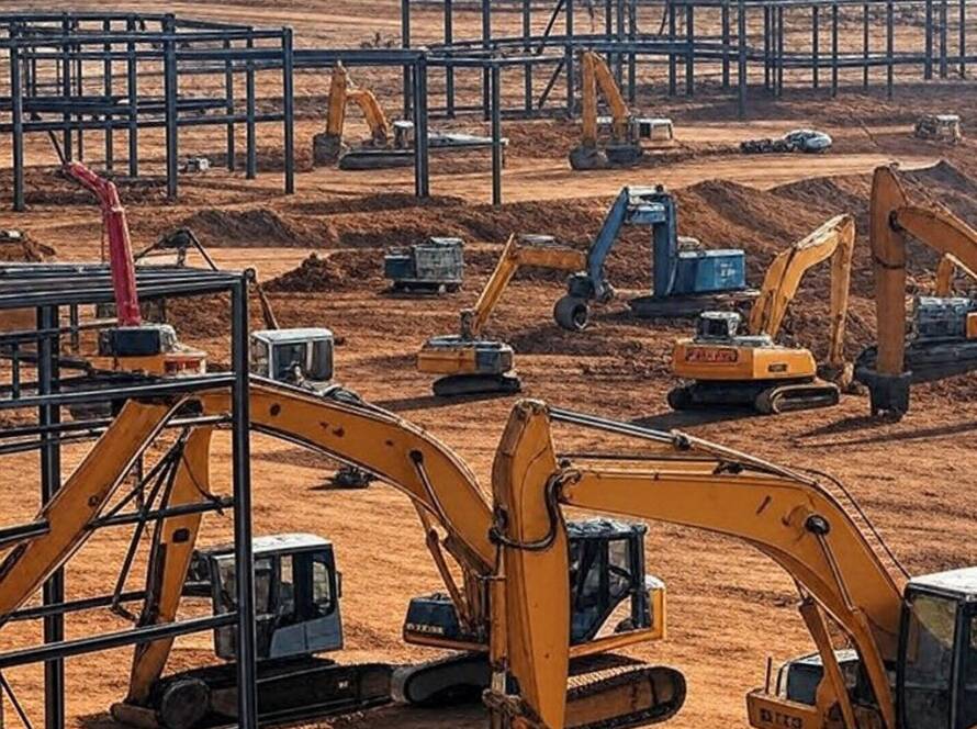 Construção do maior aeroporto da África em Bishoftu pela Ethiopian Airlines, com máquinas e estruturas em obra.