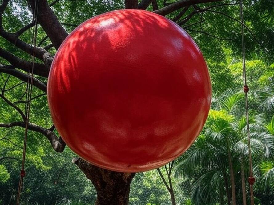 Esfera vermelha suspensa em árvore centenária brasileira, simbolizando incerteza global na obra Gravity de Gregory Orekhov.