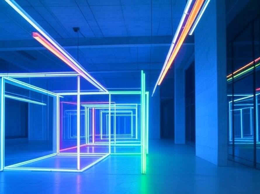 Instalações luminosas de grids em galeria de arte moderna em São Paulo, representando exposição de arte contemporânea.