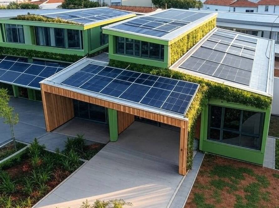 Escola sustentável moderna em subúrbio brasileiro com painéis solares e paredes verdes.