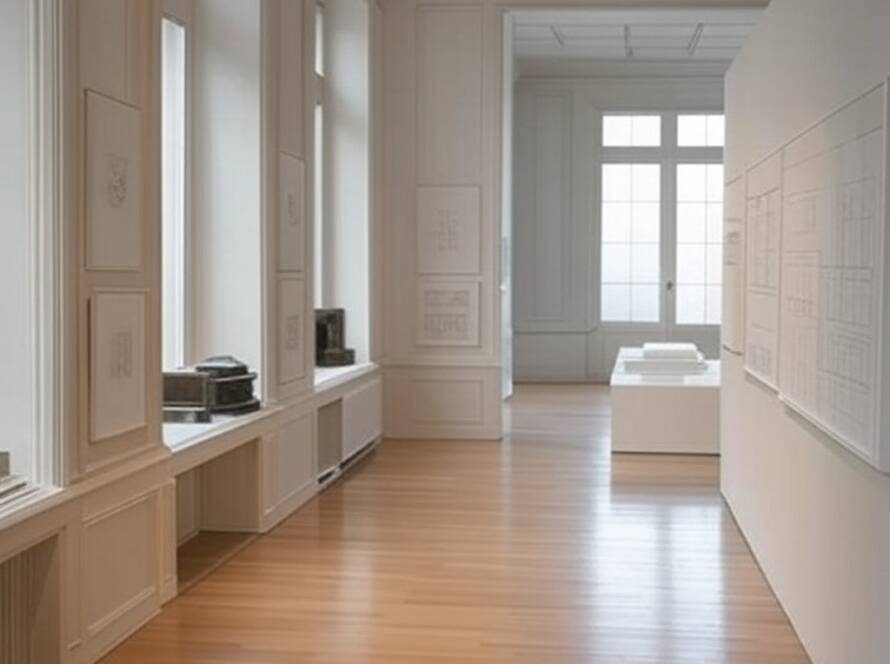 Galeria de arte em Paris exibindo obras arquitetônicas de Philippe Weisbecker.