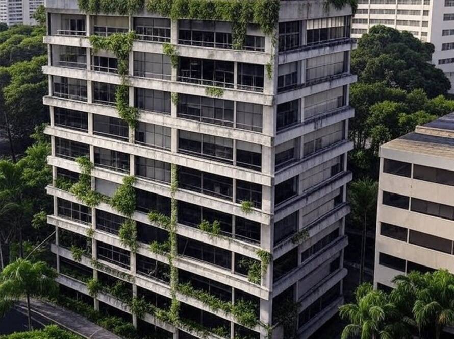 Revitalização sustentável de prédio dos anos 1980 em São Paulo, com elementos de baixo carbono como painéis solares e vegetação.