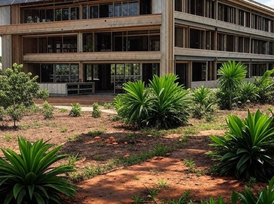 Construção sustentável de biblioteca no Brasil, inspirada na Biblioteca Presidencial Theodore Roosevelt, com elementos ecológicos e arquitetura integrada à natureza.