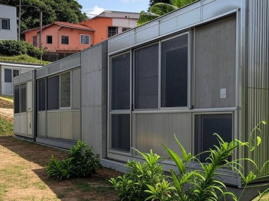 Estrutura pré-fabricada acessível em bairro brasileiro, destacando legado de Jean Prouvé em habitação modular.