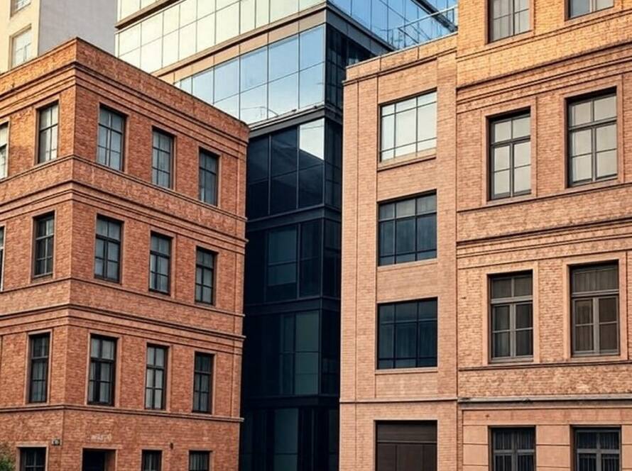 Edifício moderno integrado a casarões históricos em São Paulo, unindo design contemporâneo e arquitetura tradicional.