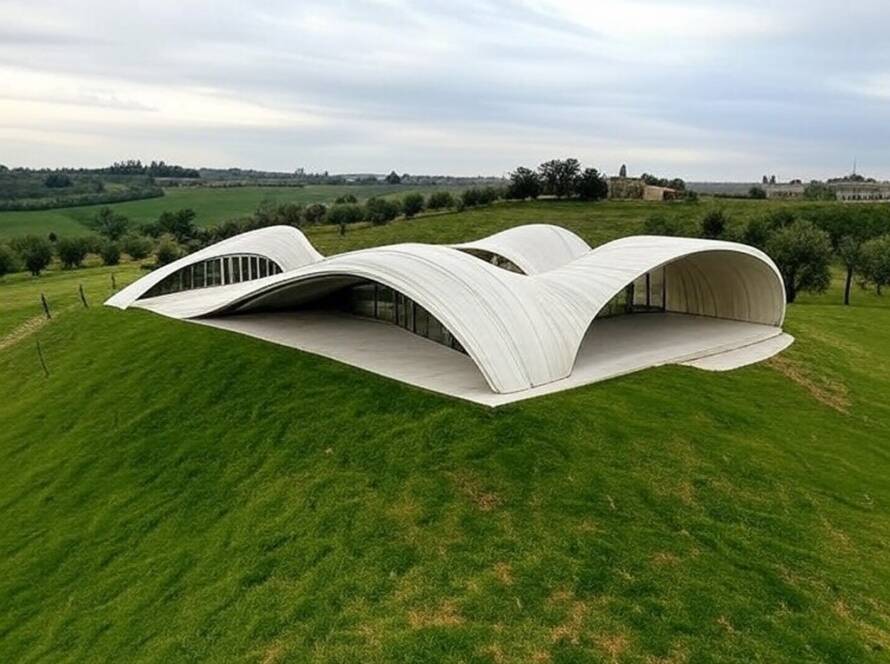 Pavilhão Cappella del Suono na Itália, estrutura que transforma vento em sons, em paisagem rural italiana.